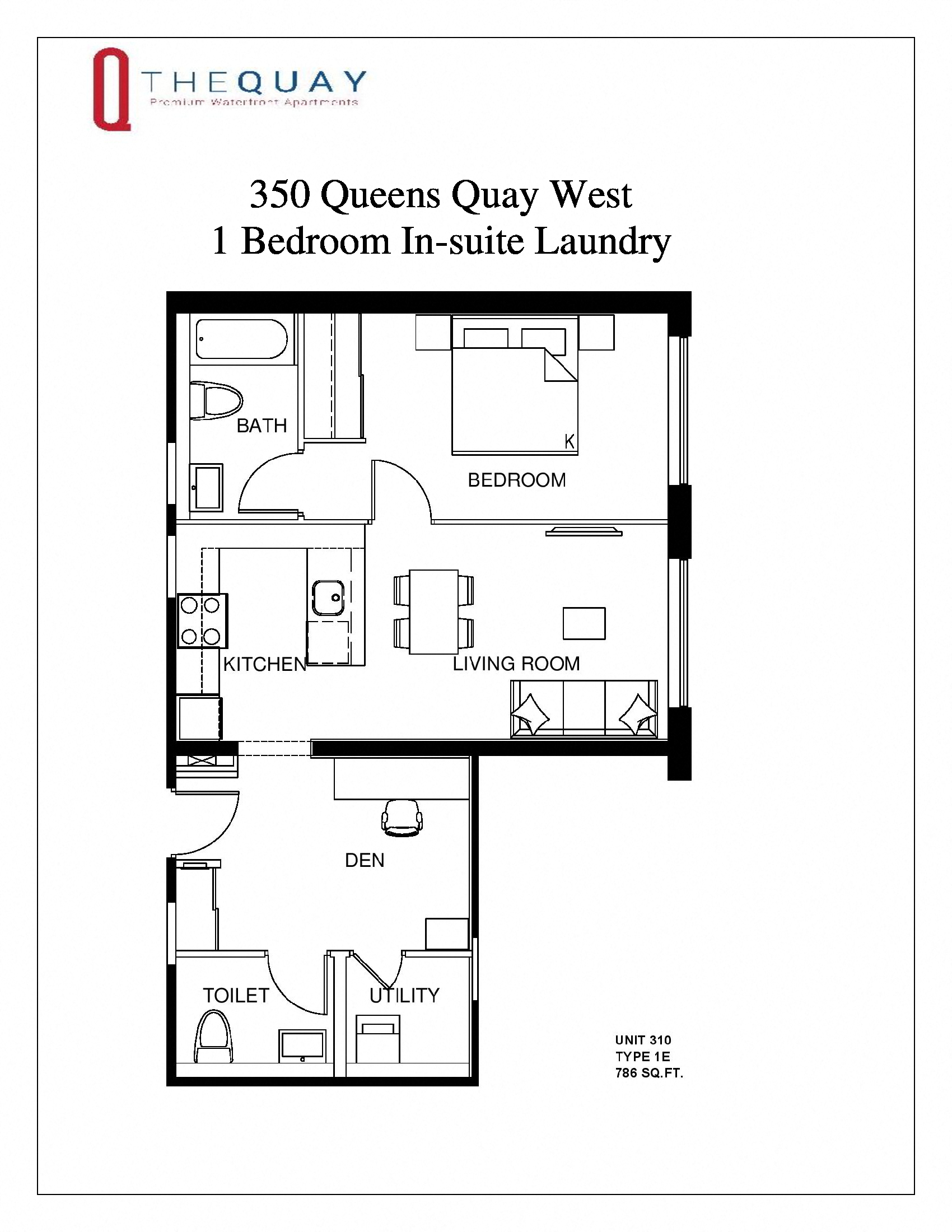 Floor plan for 1 bed, 1.5 baths, 786 sqft